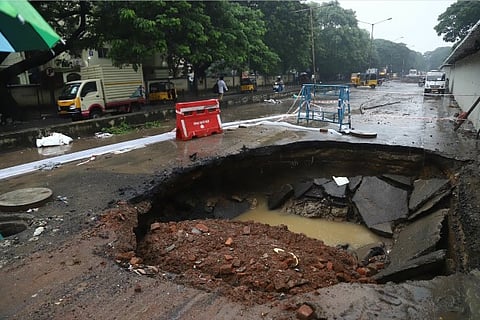 A road at KK Nagar that caved in due to heavy rain (Photo: Manivasagan)