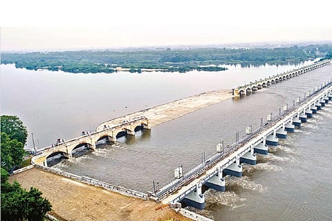 Water from Upper Anicut flowing into Kollidam in Tiruchy on Thursday