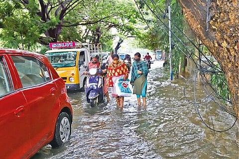 A flooded street in KK Nagar on Friday