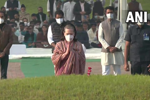 Congress interim president Sonia Gandhi pays floral tribute to Jawaharlal Nehru at Shantivan