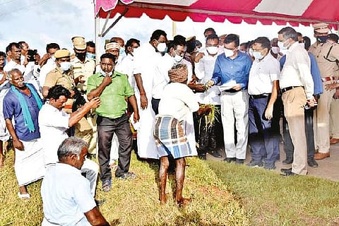 Central team members inspecting crop damage at a farm in Nagapattinam district on Tuesday.