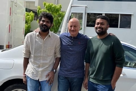 Anupam Kher with producer Vignesh Shivan and director Ashwin Saravanan.