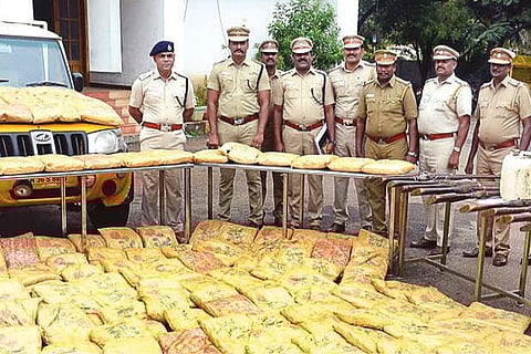 Police personnel with the seized ganja worth Rs 1 crore in Namakkal on Sunday