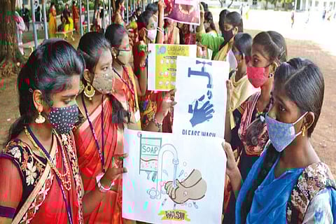 Senior students of Valliamal Arts and Science College, Anna Nagar, welcome freshers on Monday