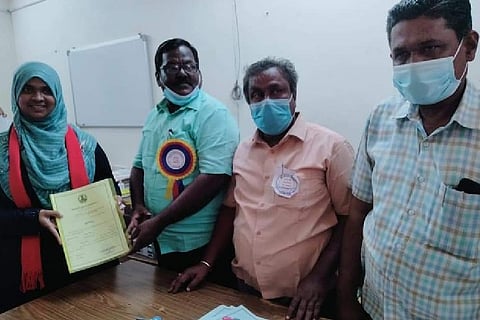 DMK's Tiruchy Marungapuri Union ward member-elect Sabiyun Nisha. Image Courtesy: Twitter - @Anbil_Mahesh