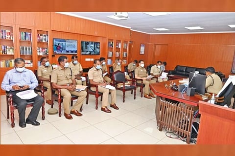G Karthikeyan, Commissioner of Police, Tiruchy, holding a meeting with his team members on Wednesday
