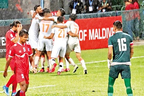 India players celebrate after scoring a goal against Nepal in the final