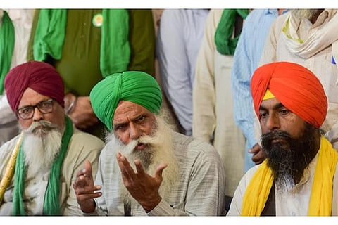 Samyukta Kisan Morcha leader Jagjit Singh Dallewal addresses a press conference at Singhu border (Image: PTI)