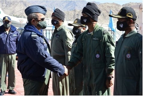 IAF Chief V.R. Chaudhari visits Air force station at Leh (Credit: Twitter/@IAF_MCC)