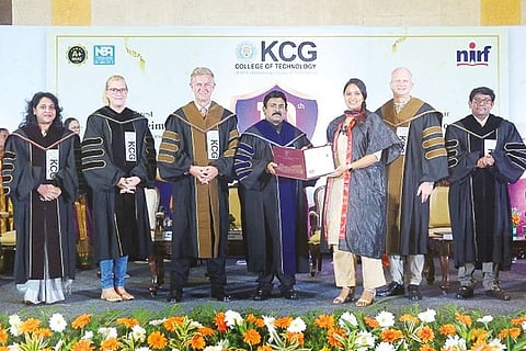 A rank holder presented with a degree at the graduation ceremony of KCG College of Technology