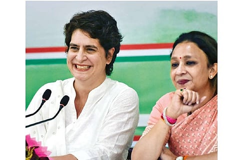 Priyanka addresses a press conference at the party office in Lucknow