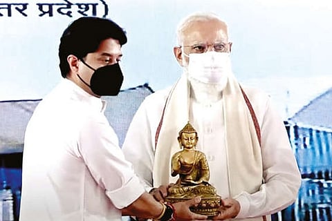 Jyotiraditya Scindia felicitates PM Modi during the inauguration of Kushinagar International Airport