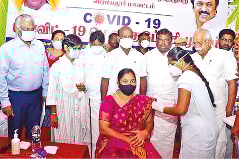 Health Minister Ma Subramanian at a vaccination camp on Saturday