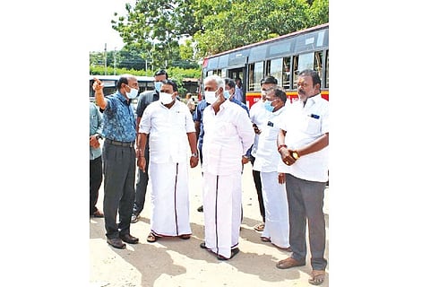 RS Rajakannappan, Transport Minister, during his inspection of depots on Saturday