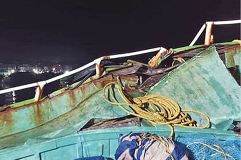The damaged boat of Kanniyaumari fishermen