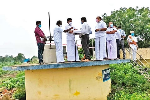 Ministers Siva V Meyyanathan and Anbil Mahesh Poyyamozhi inspecting the ongoing works in Thanjavur