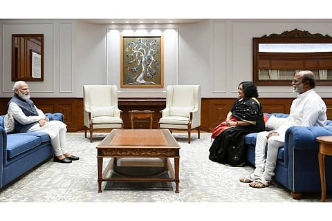 Rajinikanth and his wife Latha with Prime Minister Narendra Modi (Image source: Twitter/Rajinikanth)
