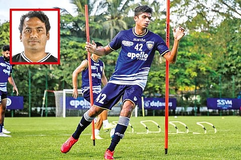 Suhail Pasha during a Chennaiyin FC training session; (inset) Sabir Pasha