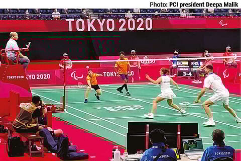 Pramod Bhagat and Palak Kohli in action during their mixed doubles match on Wednesday