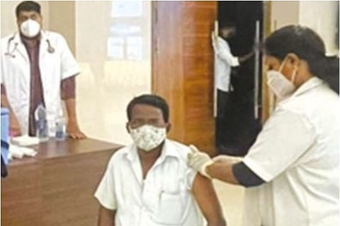 Visitors given COVID vaccination at a theatre in Tiruchy on Saturday
