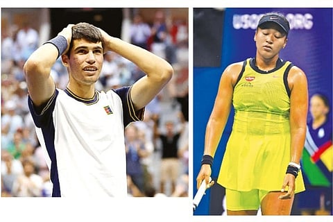 Carlos Alcaraz of Spain celebrates after defeating Stefanos Tsitsipas of Greece. (right) Naomi Osaka