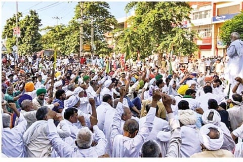 File Photo : Farmers? sit-in protest continues outside the mini-secretariat in Karnal