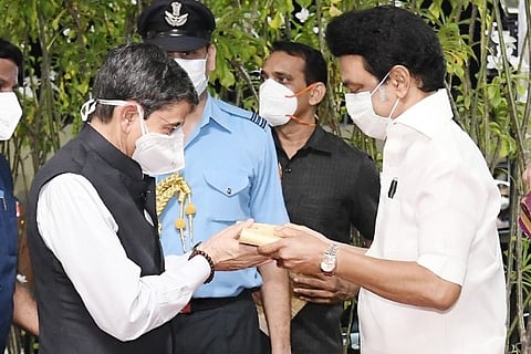 Tamil Nadu CM MK Stalin welcomes Governor appointee RN Ravi at Chennai International Airport