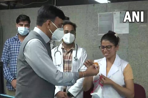 Union Health Minister Mansukh Mandaviya celebrates the administration of over 2 crore vaccines (Photo: ANI)