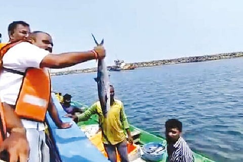 Minister L Murugan interacting with fishermen at Tiruvotriyoor Kuppam.