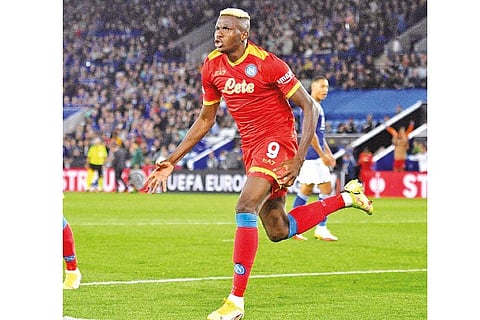 Napoli striker Victor Osimhen celebrates after scoring his second goal