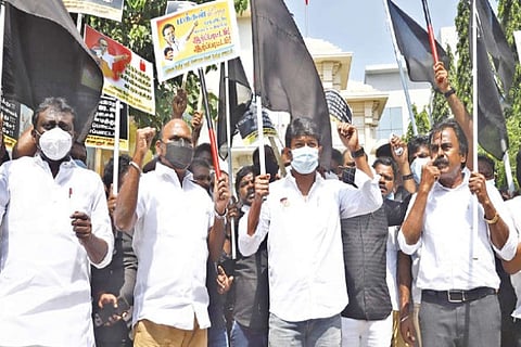 DMK youth wing leader Udhayanidhi Stalin leading a protest in Chennai on Monday