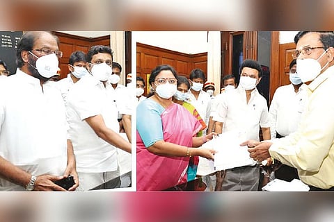 DMK candidates Rajeshkumar and Kanimozhi Somu filing their nominations in the presence of CM