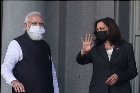 US VP Kamala Harris talks to Indian Prime Minister Narendra Modi (Credit: Reuters)