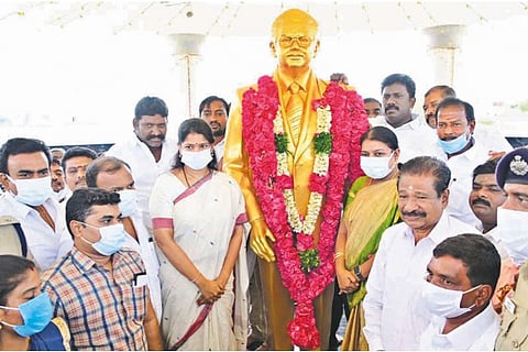 Social Justice Minister Geetha Jeevan and Kanimozhi MP garlanded Dr B Sivanthi Aditanar statue