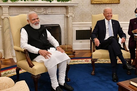 A glimpse from the QUAD meeting capturing Joe Biden and Narendra Modi (Twitter:@narendramodi)