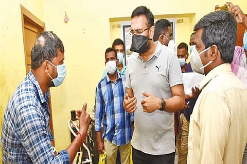 Nagapattinam Collector Dr A Arun Thamburaj consoling the injured fishermen on Saturday