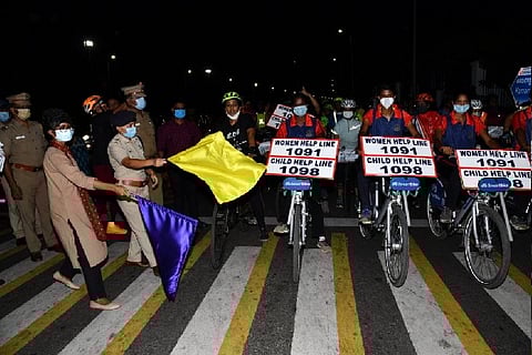 Women police officers participate in cycle rally to promote women's safety in Chennai