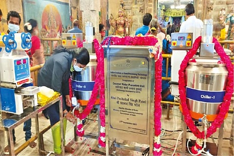 The coconut water prasadam unit installed at Punnai Nallur Mariamman Temple in Thanjavur on Monday