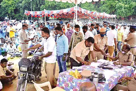 The vehicle auction in progress at Nethaji stadium in Vellore on Wednesday