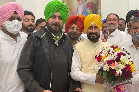 Congress Leader Navjot Singh Sidhu with Punjab CM Charanjit Singh Channi (File Photo)