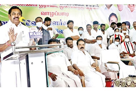 AIADMK joint coordinator Edappadi K Palaniswami addressing a meeting in Salem on Thursday
