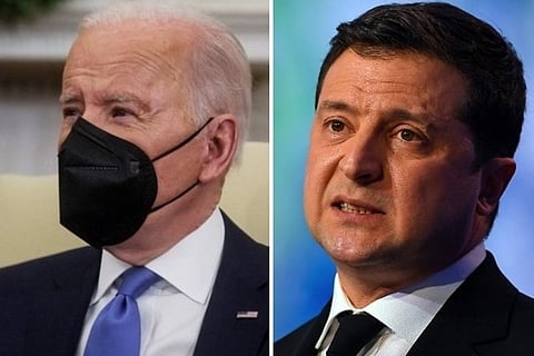 US President Joe Biden and his Ukrainian counterpart Volodymyr Zelensky (Image Credit:ANI)