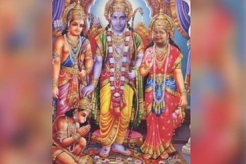 The superimposed picture of Amresh and his wife as Lord Ram and Goddess Sita.