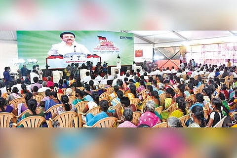 Chief Minister MK Stalin virtually addresses a meeting at Thanjavur on Tuesday