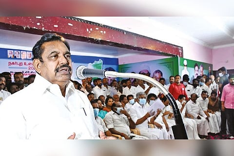 AIADMK joint coordinator Edappadi K Palaniswami addressing cadre in Tiruchy on Tuesday