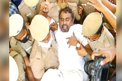 AIADMK leader SP Velumani being removed from Collector?s office by police in Coimbatore on Friday