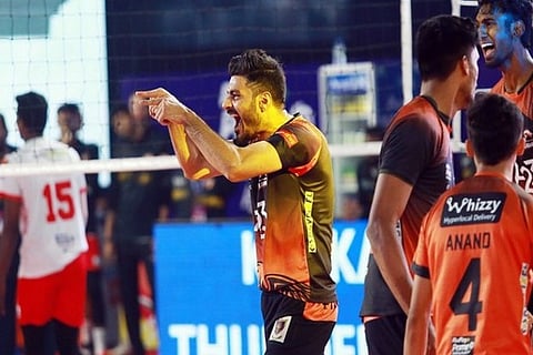 Hyderabad Black Hawks' Captain Vipul Kumar celebrating a point during a match (Image Courtesy: ANI)