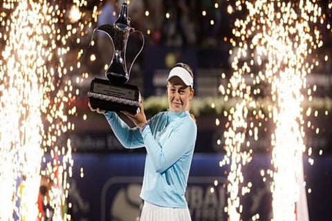 Jelena Ostapenko with Dubai Tennis Championships Trophy (Image Credit: ANI)