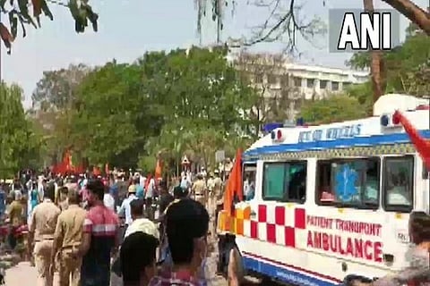 Body of Bajrang Dal activist Harsha being taken to his residence in Shivamogga (photo/ANI)