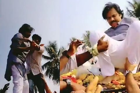 Actor Pawan Kalyan falls down as fan tries to hug him (Screengrab)